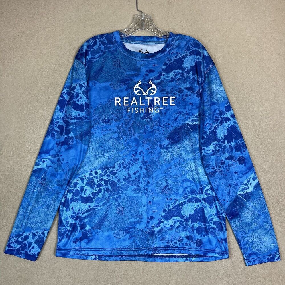 Realtree Staghorn River Shirt Mens Large Blue Camo Fishing Performance LS Tee